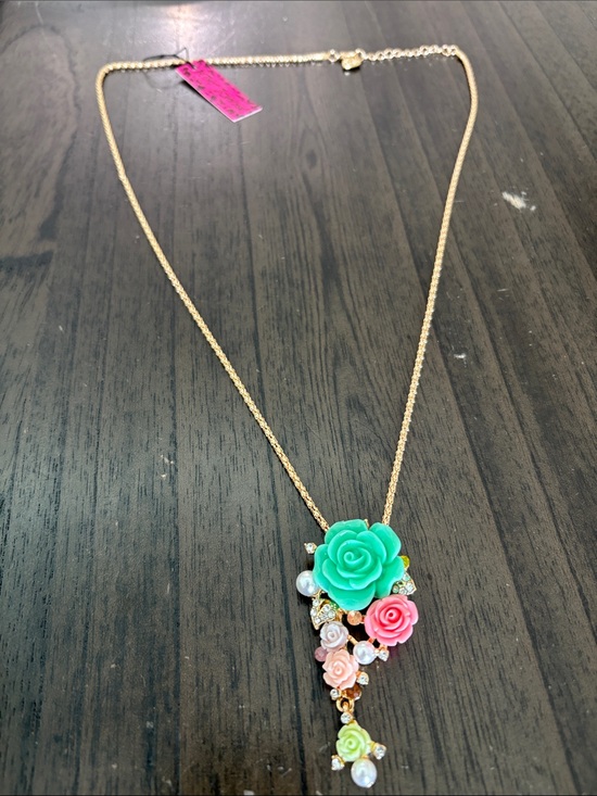 Betsey Johnson Jewelry - Betsey Johnson Gold-Tone Necklace with Turquoise and Pink Floral Pendant